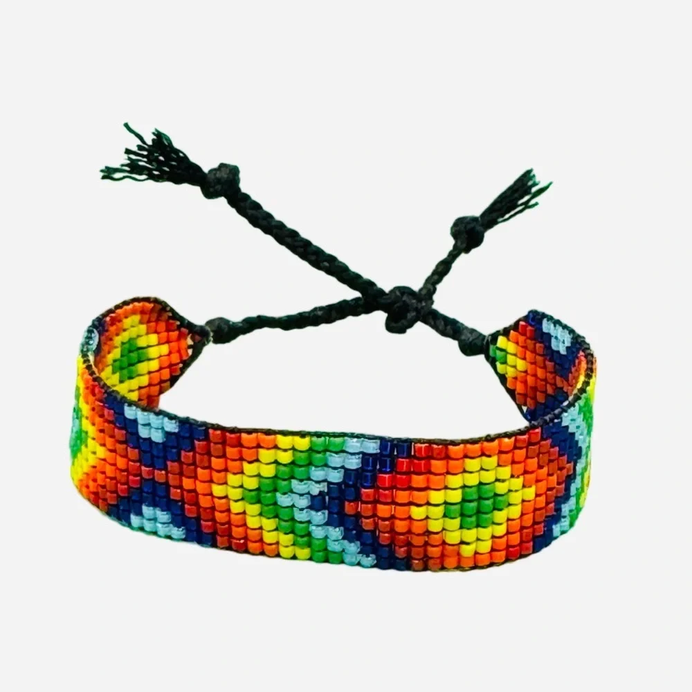 Handwoven handcrafted geometric colorful seed bead tie-on bracelet